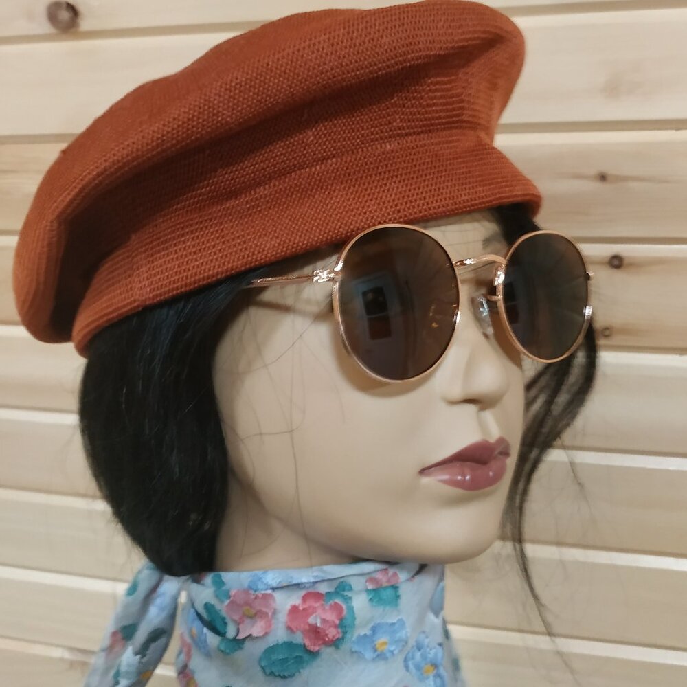 Round Thin-Frame Sunglasses, Brown Lenses and Rose-Gold Frames